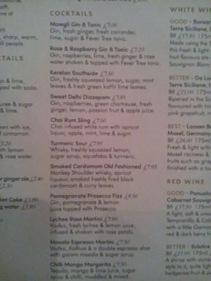 cocktail menu at Mowgli - Bold St in Liverpool