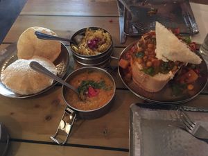 Puri, tangled greens, temple dhal and ‘holy chow’  at Mowgli - Bold St in Liverpool