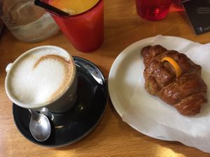 vegan breakfast- soy cappuccino, orange juice, croissant  at La Licata in Rome