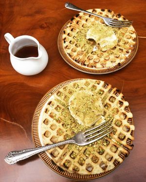 Pistachio waffles w/ maple syrup  at The Kind Cake Co in Hebden Bridge