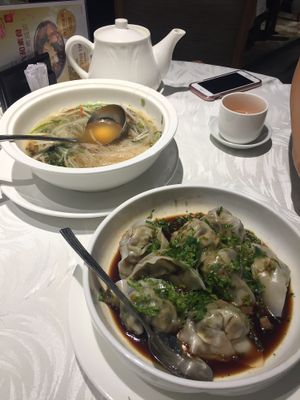 Rice noodles with mock meat and vegetable dumplings at Veg 6 in Hong Kong Island