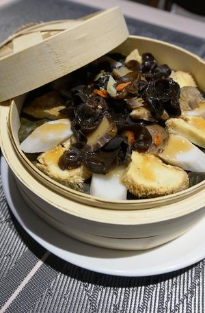 Steamed Hericium Erinaceus (also named as Lion's Mane or Monkey Head Mushroom) with yam and black fungi at Veg 6 in Hong Kong Island