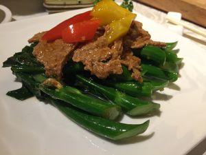 Chinese kale with vegan beef at Veg 6 in Hong Kong Island