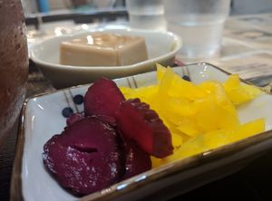 Cute pickled veggies! Bit sour. at Rokumeien in Nara