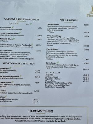 Linker Teil der Speisekarte at Pier 14 in Seebad Zinnowitz