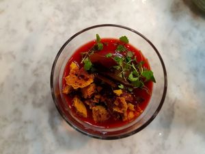 Chocolate mouse with strawberrie soup at 1847 Bristol in Bristol