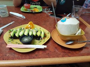 Fiery Dragon Sushi and young coconut at Go Vegan Cafe in Las Vegas