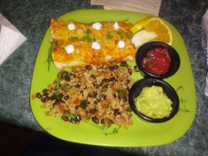 Gluten-free enchiladas filled with jackfruit, cheese, and salsa at Go Vegan Cafe in Las Vegas