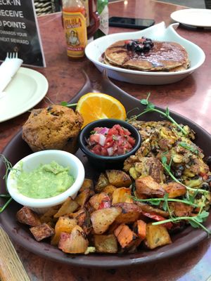 breakfast tofu scramble (pancakes in background) at Go Vegan Cafe in Las Vegas