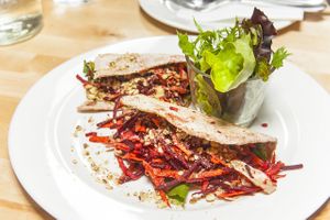 Spelt flat bread with walnut 'mayo' and marinated vegetables
We love high raw diet. Our mission includes to introduce this to the locals. at Kulonjarat Raw & Vegan Bistro in Eger