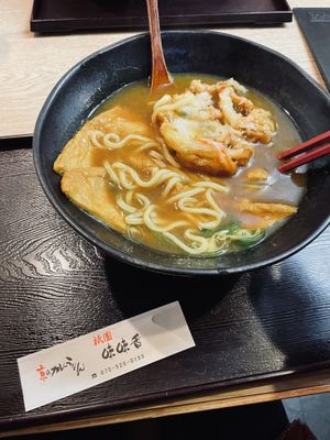 Udon (thinner noodles) with tofu skin and veggie tempura. Sorry I dunked it before photo.  at Mimikou in Kyoto
