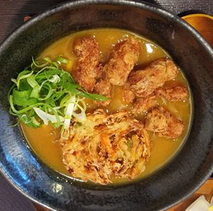 The soy meat and tempura udon curry noodles at Mimikou in Kyoto