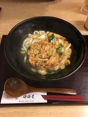 Udon with tempura veg and kitsune added  at Mimikou in Kyoto