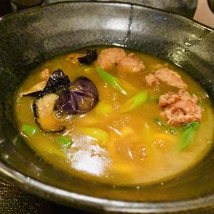 Curry udon with soya chunks and mushrooms  at Mimikou in Kyoto