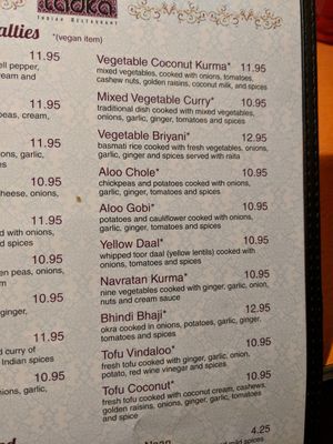 Vegan items clearly marked on the menu at Tadka in Payson