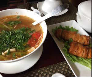 veggie soup and wrapped mushrooms  at San May Vegetarian in Hue