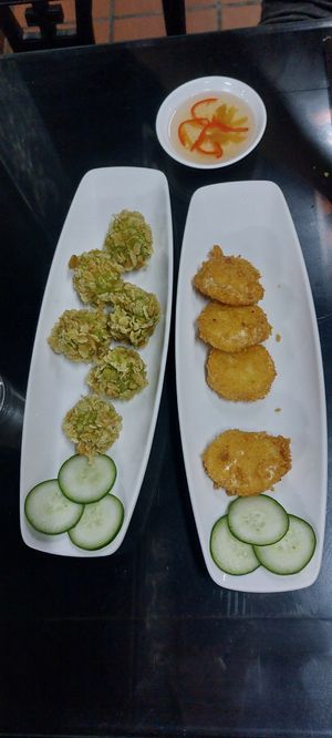 Taro balls (left) and fried silken tofu (right) at San May Vegetarian in Hue