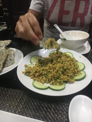 Mushroom and peanut salad with crispy rice paper cracker at San May Vegetarian in Hue
