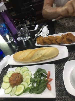 Banana blossom banh mi and crispy flake mushrooms  at San May Vegetarian in Hue