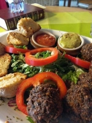 vegan falafel salad... with guacamole and salsa at Kafe Kafka in Bodo