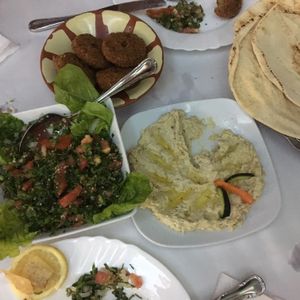 tabbouleh, falafel, bread, aubergine at Yamal Asham in Rabat