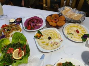 Tabouli, baba ganoush, aubergine salad, falafel,hummus at Yamal Asham in Rabat