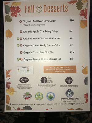 Fall dessert menu  at GreenFare Organic Cafe in Herndon