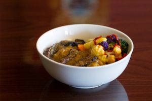 Harvest Vegetable Bowl with Cauliflower Millet and Mushroom Gravy at GreenFare Organic Cafe in Herndon