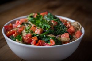 Organic Spinach Alfredo Pasta with cashew based cream and whole grain pasta at GreenFare Organic Cafe in Herndon