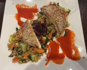 Organic Fried Quinoa with Baked Sesame Tofu and Vegetablea  at GreenFare Organic Cafe in Herndon