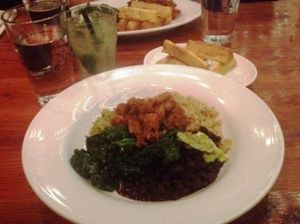vegan jackfruit grain bowl (with delicious yucca frits on the side) at Luna Rotisserie & Empanadas in Durham