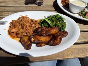 Jack fruit platter (plantains are vegan without the cream dressing)  at Luna Rotisserie & Empanadas in Durham
