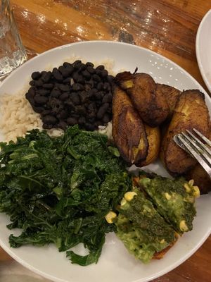 3 side orders: rice&beans, maduros, and kale. Cleaned my plate! (Camote chimichurri in the corner)  at Luna Rotisserie & Empanadas in Durham