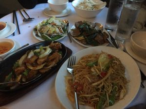 Singapore vermicelli without egg, vegan beef with ginger and spring onion, sizzling vegan chicken and mixed vegetables with rice  at Imperial Dynasty in West Malling