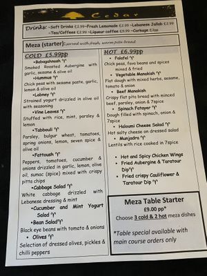 Starters menu  at Cedar Lebanese Restaurant in Londonderry