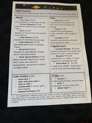 Mains menu  at Cedar Lebanese Restaurant in Londonderry