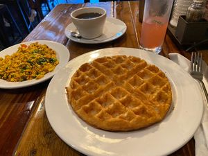 Tofu scramble and vegan waffle with real maple syrup. Watermelon mint mimosa :) at Backwater in Melbourne