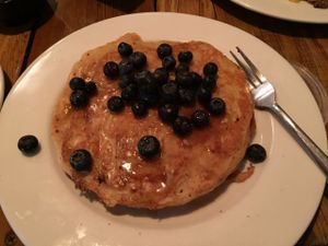 Vegan pancakes with fresh berries. at Backwater in Melbourne