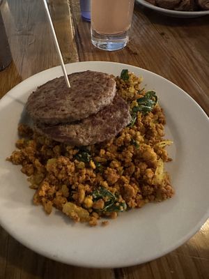 Tofu scrambled and vegan sausage (Penny stack)  at Backwater in Melbourne