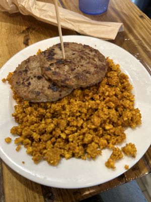 Vegan tofu scramble and vegan sausage   at Backwater in Melbourne