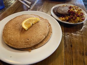 Pancakes, sauasage, tofu scrambleed eggs  at Backwater in Melbourne