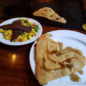 Vegan bacon, tofu scramble, and vegan pancakes at Backwater in Melbourne