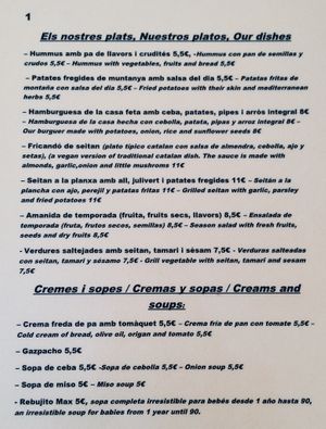 Menu 1 at Vegans N' Roses in Castelldefels