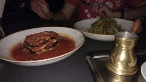 Vegan lasagna, Vegetable Zoodles and Turkish Coffee. at Wild Jordan Cafe in Amman