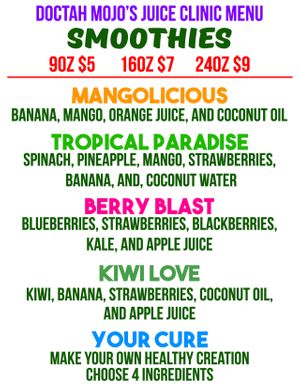 menu at Doctah Mojo's Juice Clinic in Atlanta
