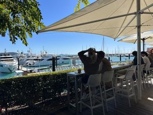 view on harbour  at Bohemian Raw Cafe in Whitsunday