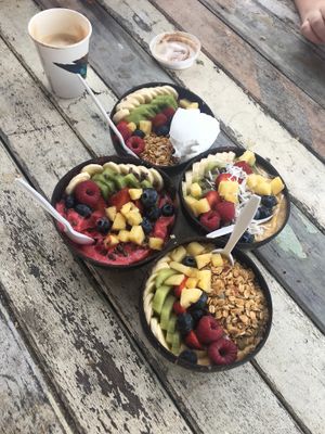 Boho bowls + soy latte  at Bohemian Raw Cafe in Whitsunday