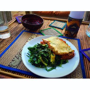 vegan cheesy lentil lasagne  at Pachamama in Sihanoukville