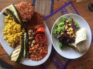 Vegan Breakfast Belly Buster and the Falafel wrap.  at Pachamama in Sihanoukville