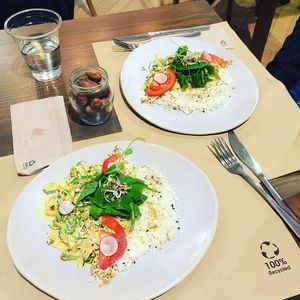 Yellow curry with cauliflower rice! Super! :) at Petit Brot - Cold Press Raw Eco in Barcelona